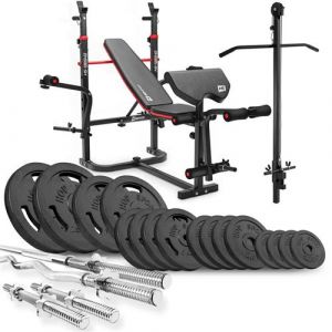 Hop-Sport Ensemble d'haltères 106 kg et Banc de Musculation Multifonction HS-1065, Pupitre de Biceps, Papillon, Poulie haute, Set de disques de poids en fonte 31 mm, Kit de Barres d'haltères