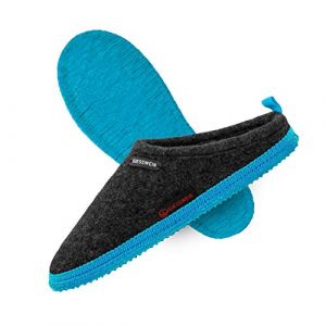 Giesswein Woolpops Anthrazit/türkis 38 - Pantoufles pour Femmes et Hommes, Chaussons en Feutre Unisexes, Mules avec Semelle antidérapante en Caoutchouc Naturel