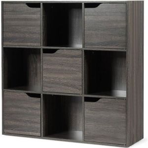 Costway Biblioth&egrave;que Meuble De Rangement - 5 Portes 9 Compartiments, Dispositif Anti-Basculement, Coffre &Agrave; Jouets, Gris