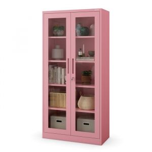 Jan Nowak Armoire de Bureau Metallique 185 x 90 x 40 cm | Etagères Réglables en Hauteur, 2 Clés Incluses | Etagère en Acier Robuste avec Portes en Verre pour Le Rangement | Rose Poudré