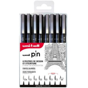 Uni Ball Pochette feutres techniques - Pointe calibrée de 0,05 à 1,2 mm - Noir - 8 pcs