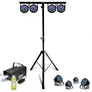 Pack Pied Lumière Mooving Light & Sound ML-SUPPORT-DJLIGHT réglable - 4 projecteurs Par RGB - Machine à fumée - Fête Anniversaire