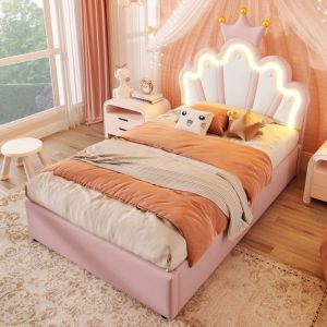 Lit enfant rembourré 90 x 200 cm - lit coffre - avec bande lumineuse LED - tête de lit réglable - rose (matelas non inclus)