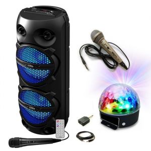 Pack Karaok&eacute; Enceinte Bluetooth 300W 2x8'' LED TWS Party PLUTON - 2 micros - Jeu Lumi&egrave;re Astro PARTY-ASTRO6 - Anniversaire soir&eacute;e