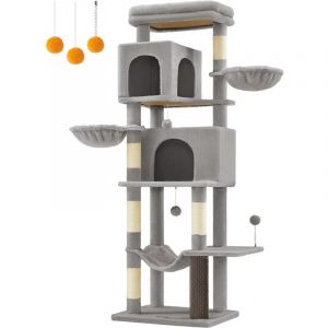 Arbre à Chat Gris Tourterelle - FEANDREA - Hauteur 175 cm - 2 Niches - 2 Paniers - 5 Griffoirs