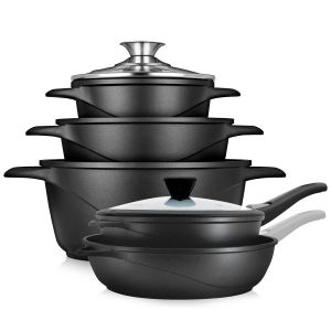 Batterie de Cuisine Induction 10 Pi&egrave;ces Aluminium Fonte 3 Casseroles 2 Po&ecirc;les Noir MGK1819