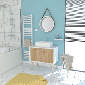 Aurlane MEUBLE SALLE DE BAIN SCANDINAVE BLANC ET BOIS 80 CM SUR PIEDS AVEC PORTES, VASQUE A POSER ET MIROIR ROND - NORDIK NATURLIG RUNT 80