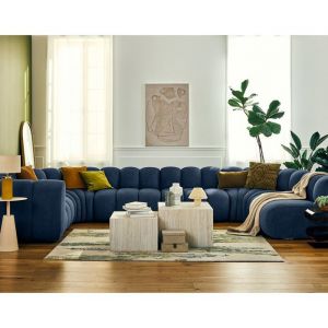 Canapé modulable 7 places angle droit en tissu texturé bleu