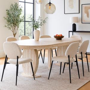 Menzzo Table ovale extensible L110-260cm Icarios avec pieds design Effet travertin Beige