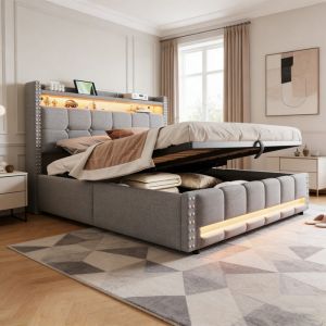 Lit coffre 160 x 200 cm,lit 160x200 avec sommier,lit double capitonn&eacute;,lit 2 personnes avec sommier &agrave; lattes en bois,lin gris clair