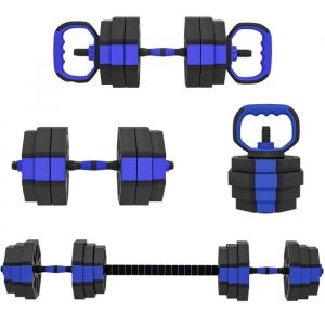 Ensemble dhalt&egrave;res musculation - SPORTNOW - 4 en 1 - 25 kg - halt&egrave;re kettlebell barre de musculation support pour pompes - bleu