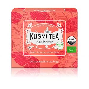 Kusmi tea Infusion Bio AquaSummer - M&eacute;lange d'Hibiscus et de Fruit Saveur P&ecirc;che et Abricot - A D&eacute;guster Chaud ou Glac&eacute; - Infusion de Fruits sans Th&eacute;ine - Bo&icirc;te de 20 Sachets Mousseline