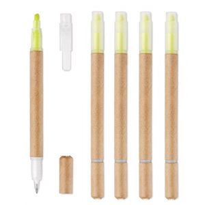 mid Lot de 5 stylos + surligneur double pointe en carton écologique 2 en 1 stylo à encre bleue avec surligneur jaune école bureau enfants et adultes