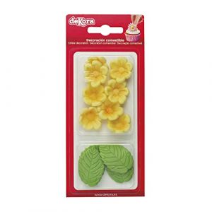 Dekora Boîte de 8 Fleures Jaunes et 5 Feuilles Vertes en Sucre - Figurines Comestibles pour Gâteaux - Décoration en Sucre pour Gâteaux d'Anniversaire