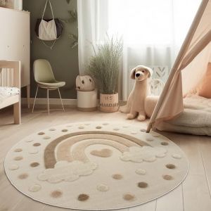 Tapis Chambre Enfant Bebe Fille Garcon Rond Moelleux Soleil 3D Pelucheux 120 cm rond, Sable - Paco Home