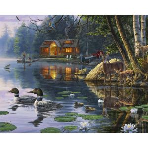 Figured'Art Peinture par Numéro Adulte avec cadre Chalet au bord du Lac - Kit DIY Numéro d'Art - 40x50cm toile tendue sur châssis