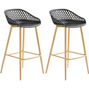 Image de Idimex Lot de 2 tabourets de bar IREK chaise haute cuisine ou comptoir au design retro en plastique noir et métal décor chêne, assise 75 cm