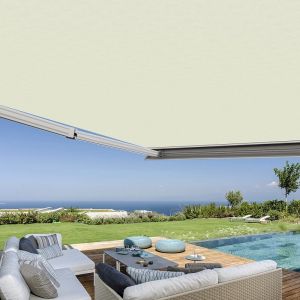 Store banne coffre intégral 5 x 3,5 m motorisé et manuel extérieur pour terrasse - Écru