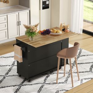 Ilot central de cuisine mobile - Plateau extensible - Avec casier &agrave; vin et porte-serviettes - 2 tiroirs et 2 portes - MDF - Noir