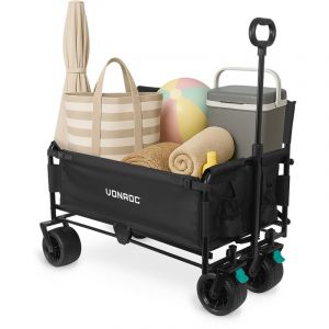 VONROC Wagon - Avec fonction si&egrave;ge - Pliable - Capacit&eacute; de charge de 120 kg - Capacit&eacute; de 115l - Roues solides anti-fuites - Cadre en acier robuste - Polyester 600D - Noir