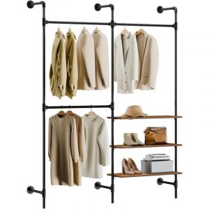 Sobuy Portant Mural Industriel – Rack à Vêtements en Tubes Fixes avec 3 Tringles & 3 Étagères MDF, Penderie Ouverte Robuste Gain de Place, Noir,