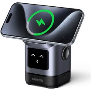 UGreen Uno (Robot Qi2) Station de charge magn&eacute;tique 2-en-1 Qi2 &iquest; 15W smartphone / 5W &eacute;couteurs / 5W montre, USB-C, 20W max, support inclinable