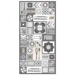 Tapis Vinyle Panorama Cuisine Collage Mots Carrelage Gris 60x110 cm - Tapis pour Cuisine, Bureau et Salon en PVC