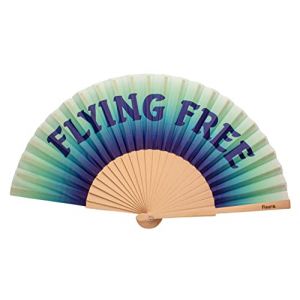 Fisura Éventail original avec le message en anglais "flying free". Éventail moderne et amusant en bois. Éventail pliant bleu. Dimensions : 42,5 x 23 cm. Bois et textile.
