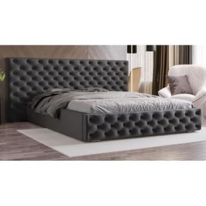 Lit Double Nina Velours Avec Coffre De Rangement Et Grande Tête De Lit Capitonnée - Velours Noir - 160x200