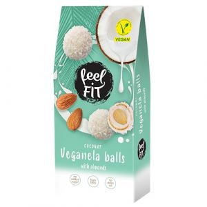 Feel FIT Veganela Balls, pralines végétaliennes à la noix de coco avec des amandes entières à l'intérieur et de la crème de lait de coco, sans sucre ajouté, sans huile de palme 63 g