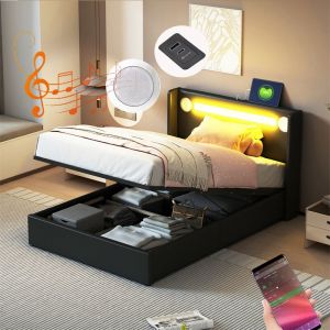 Lit coffre 90x200cm - Lit simple avec sommier à lattes, tête de lit LED avec Bluetooth et port USB - en cuir PU Noir