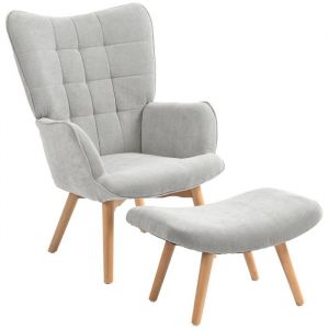 Homcom Fauteuil à oreilles et son repose-pieds piètement bois velours côtelé dossier effet capitonné gris