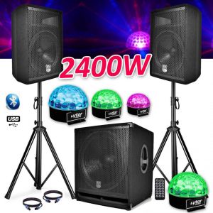 Bm sonic PACK SONO COMPLET BMS1812 USB/Bluetooth 2400W Sub 18 + 2 Enceintes 12 + Pieds + Câbles + Tél + 4 SIXMAGIC