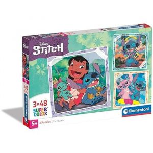 Clementoni Supercolor Disney Stitch – 3 x 48 (Comprend 3 48 pièces) Enfants 5 Ans, Puzzle Dessins animés, fabriqué en Italie, 25321, Multicolore