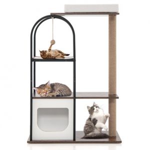 Image de Support d'escalade compact pour chats - 118 cm de haut - cadre m&eacute;tallique robuste, griffoir en sisal, lit pour chat et balle de jeu - marron