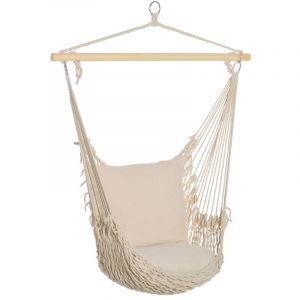 Image de Outsunny Chaise suspendue - fauteuil suspendu - assise dossier rembourr&eacute;s - bois macram&eacute; tissu beige