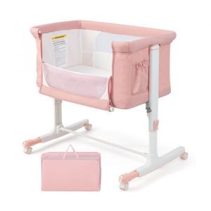 Berceau pour Bébé 3 en 1 Lit pour Cododo Portable avec Mode Berceau Matelas Amovible Hauteur Réglable Poches de Rangement Rose