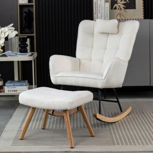 Oem Fauteuil &agrave; Bascule Blanc avec Coussin T&ecirc;te et Repose-Pieds - Fauteuil Ergonomique - Tissu Polaire Doux - Pour Salon et V&eacute;randa