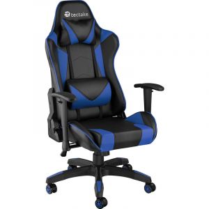 Image de TecTake Chaise de Bureau Design Gamer ergonomique confortable avec Accoudoirs réglables et Coussins de nuque et dos Noir Bleu