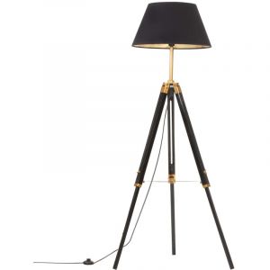 VidaXL Lampadaire à trépied Noir et doré Bois de teck massif 141 cm