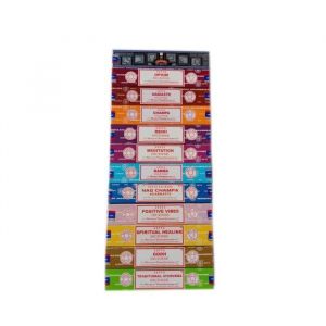 Satya Nag Champa encens Set 12x15gram comprend: Nag Champa, Super Hit, Oodh, Positive Vibes, Namaste, Champa, Opium, Reiki, la