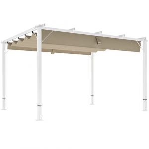 Outsunny Pergola coulissante r&eacute;tractable 3 x 4 m aluminium blanc toile UPF30+ kaki