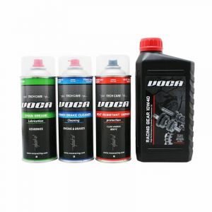 Kit d'entretien lubrifiant chaine + nettoyant frein + huile de transmission 10w40 + bombe peinture vernis haute temperature Voca Racing