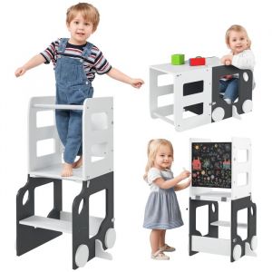 Tour dobservation enfant - AIYAPLAY - 4 en 1 - hauts rebords de s&eacute;curit&eacute; tableau noir/blanc - MDF - 58x46x92cm - gris