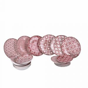 Service de vaisselle 18 pi&egrave;ces en porcelaine, 6 places de table diff&eacute;rentes, Kasbah pourpre