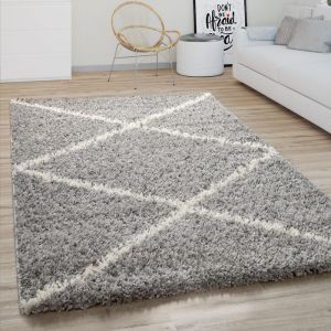 Paco Home - Tapis Poils Longs Salon Shaggy Motif Losanges Scandinave, Moderne Gris 160x220 cm