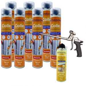 Lot de 7 colles de montage polyuréthane + 1 pistolet + 1 nettoyant mousse - Mousse polyuréthane faiblement expansive pour le collage des panneaux