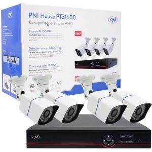 Kit de vidéosurveillance AHD PNI House PTZ1500 5 MP - DVR et 4 caméras de surveillance extérieures, H.265, détection de visage, détection humaine