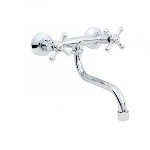 M&eacute;langeur mural de cuisine - R&eacute;tro - Laiton chrom&eacute; - Entraxe 150 mm - T&ecirc;te en c&eacute;ramique 1/2 tour