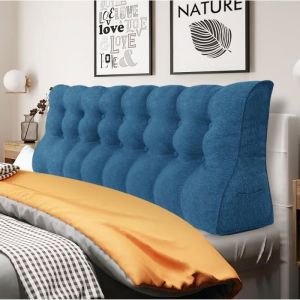 Compensé Coussin de lecture Triangulaire de Repos au lit Dossier Tête de lit Soutien Dorsal Oreiller Décoratif, Bleu Mélange de lin, 200 x 25 x 55 cm
